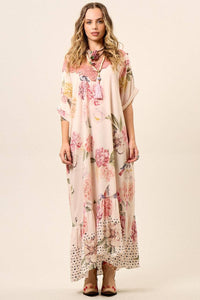 Yacamim E15 Light Rosé Printed Long Dress with Lace Detail