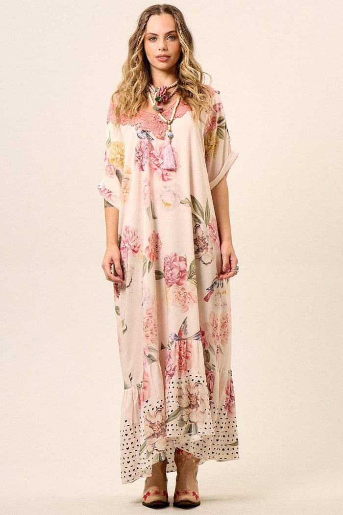 Yacamim E15 Light Rosé Printed Long Dress with Lace Detail