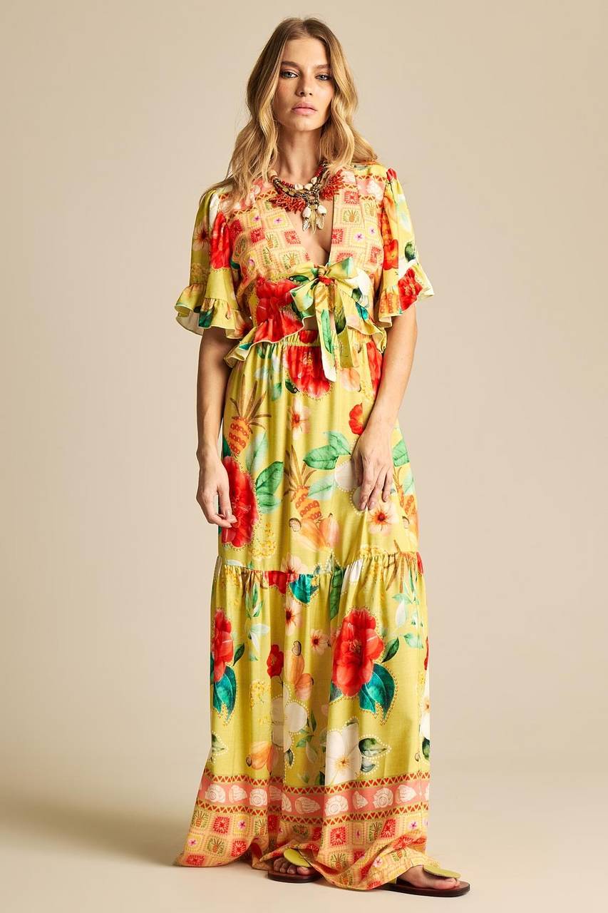 Yacamim A7 Long Skirt with Elastic Waistband, Yellow Print