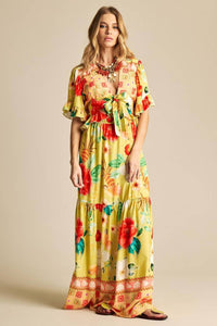 Yacamim A7 Long Skirt with Elastic Waistband, Yellow Print