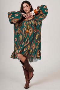 Dark Green Printed Short Dress Yacamim D14