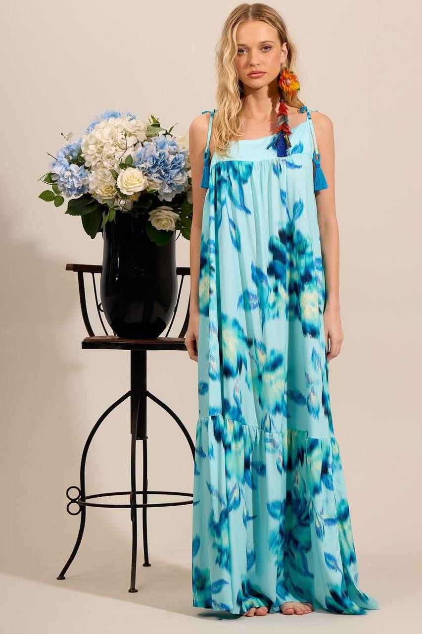 Yacamim E8 Light Blue Printed One Shoulder Long Dress with Straps