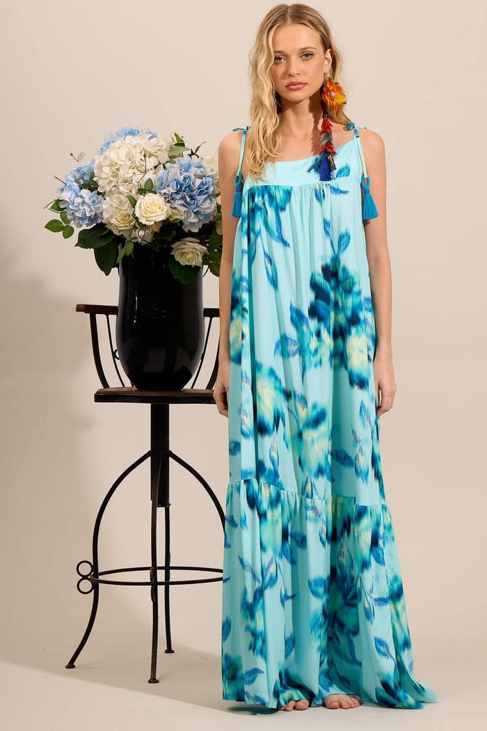 Yacamim E8 Light Blue Printed One Shoulder Long Dress with Straps