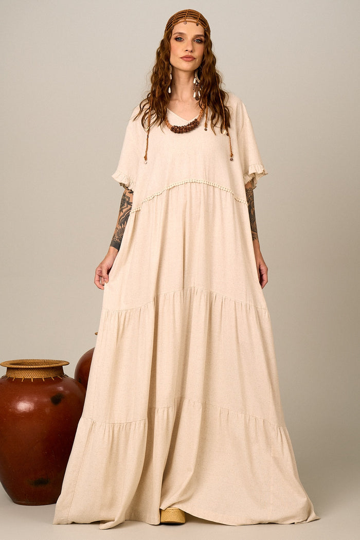 Yacamim D6 Beige Nature Long Viscose Linen Dress