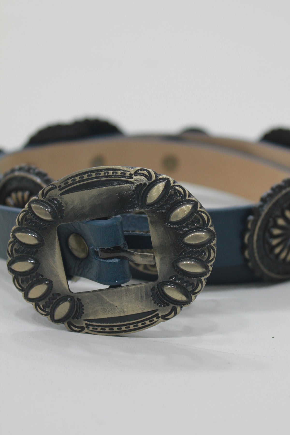Yacamim Navy Blue Leather Belt with Old Gold Buckle #670