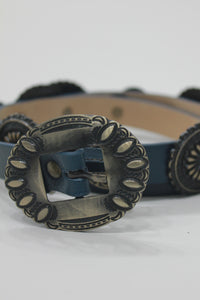 Yacamim Navy Blue Leather Belt with Old Gold Buckle #670