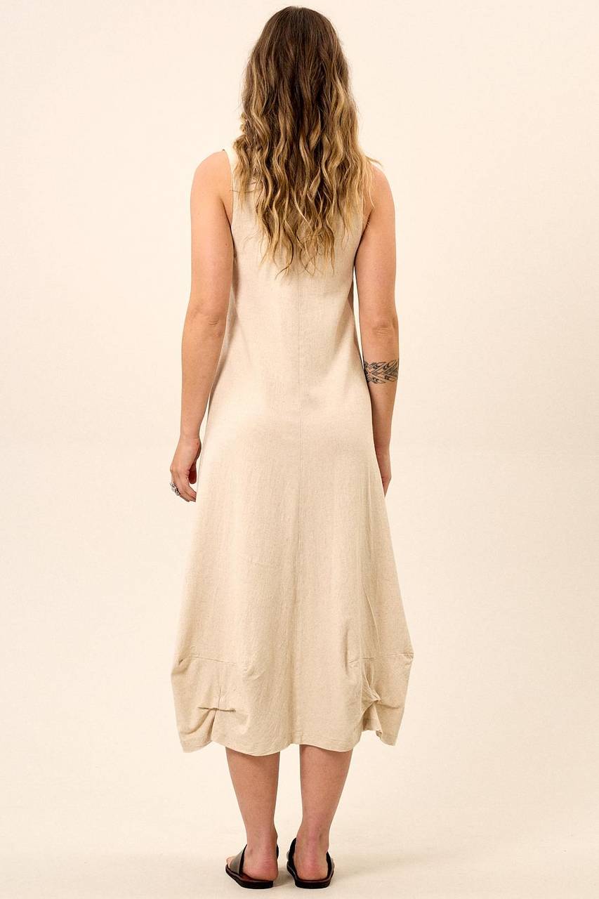 Yacamim Women's Beige Linen Midi Tank Dress with Scalloped Hem C17