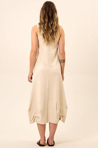 Yacamim Women's Beige Linen Midi Tank Dress with Scalloped Hem C17