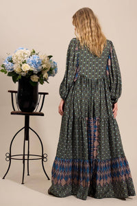 Yacamim Green Patchwork Long Shirt Dress with Puffed Long Sleeves