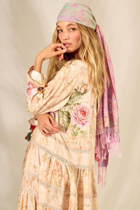 Long Beige Printed Long-Sleeved Dress Yacamim Retro Collection E22