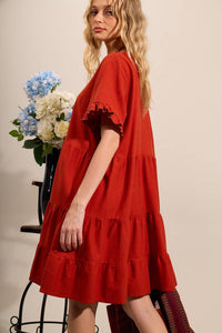 Yacamim Red Linen Short Dress with Short Sleeves and Ruffles