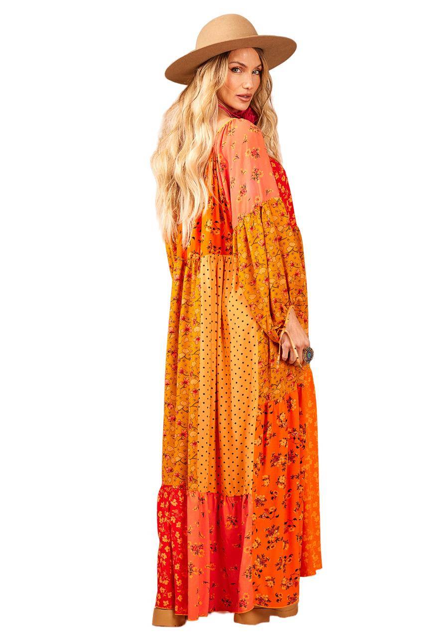 Long Dress With Puffy Long Sleeves Patchwork Yacamim D10