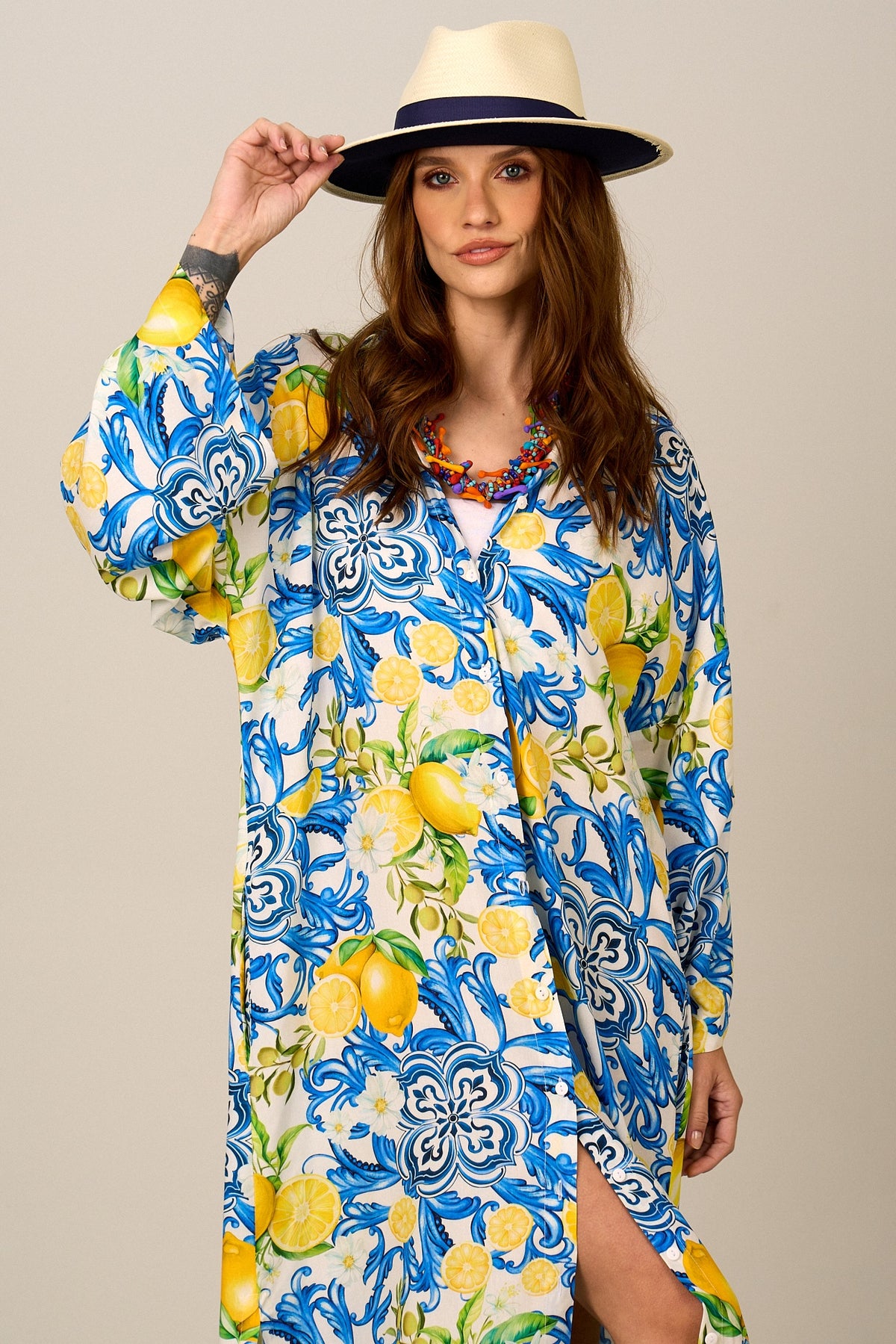 Yacamim Long Loose Sicilian Lemon Print Chemise L2