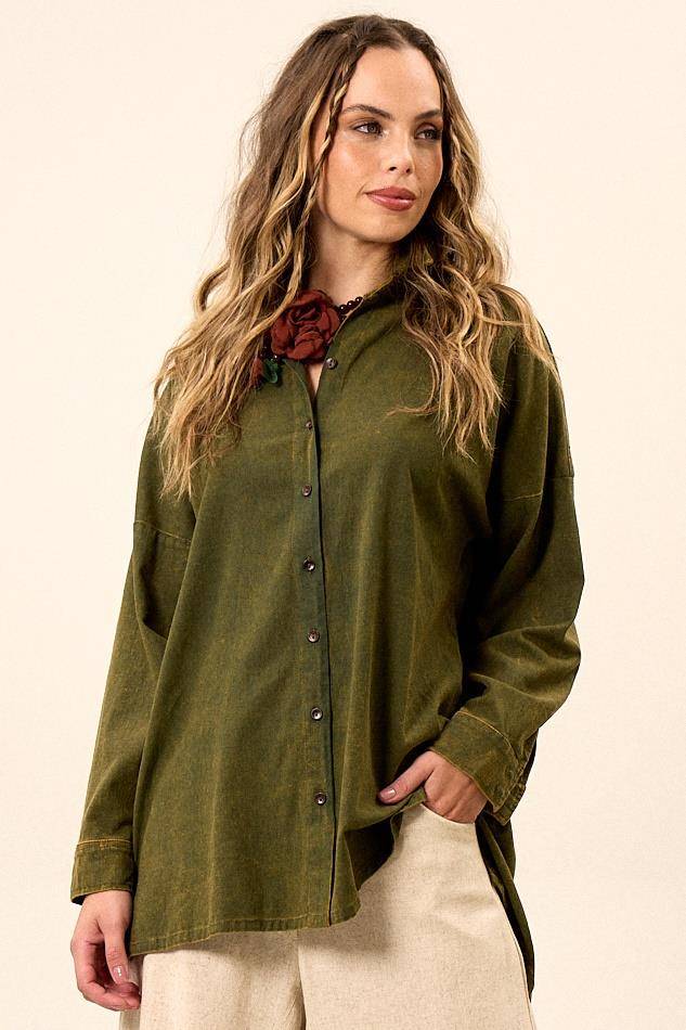 Yacamim A4 Green Stonewashed Extended Viscose Linen Loose Shirt