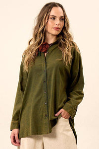 Yacamim A4 Green Stonewashed Extended Viscose Linen Loose Shirt