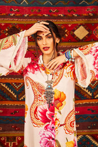 Yacamim Beige Cashmere Print Midi Shirt with Flared Long Sleeves