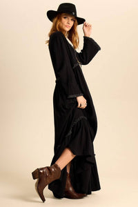 Yacamim Black Long Sleeve V-Neck Long Dress e23