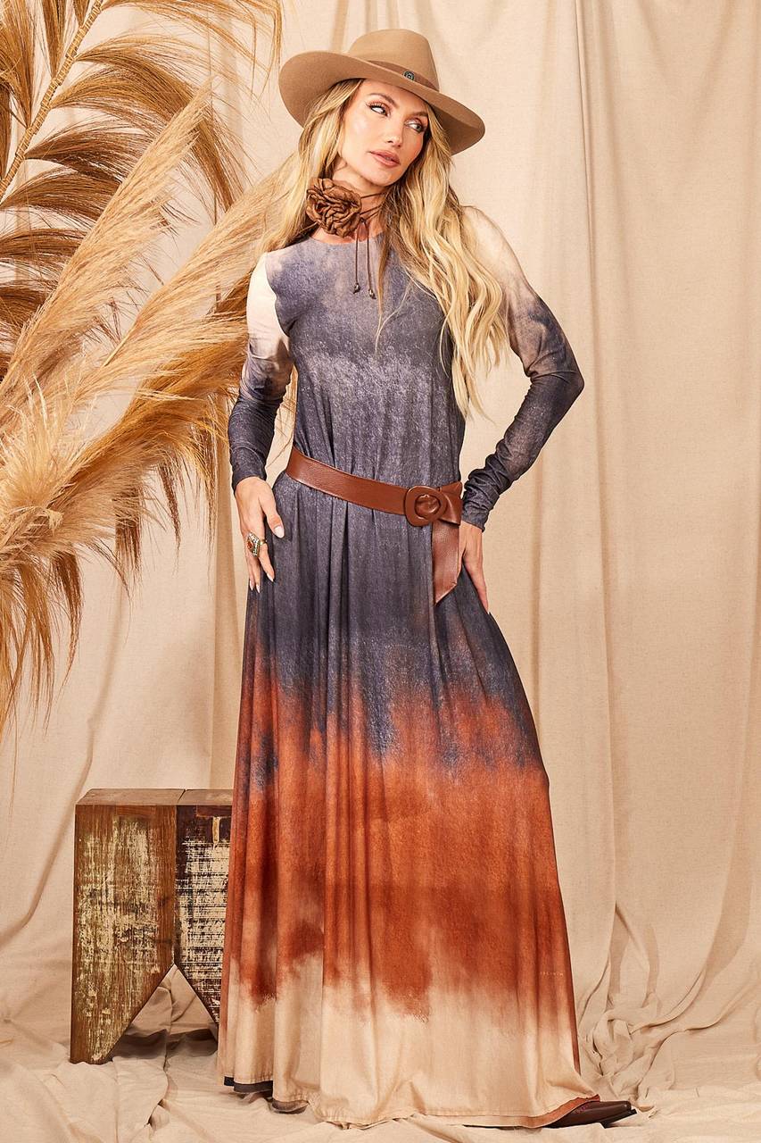 Yacamim Digital Tie Dye Grey Long Dress