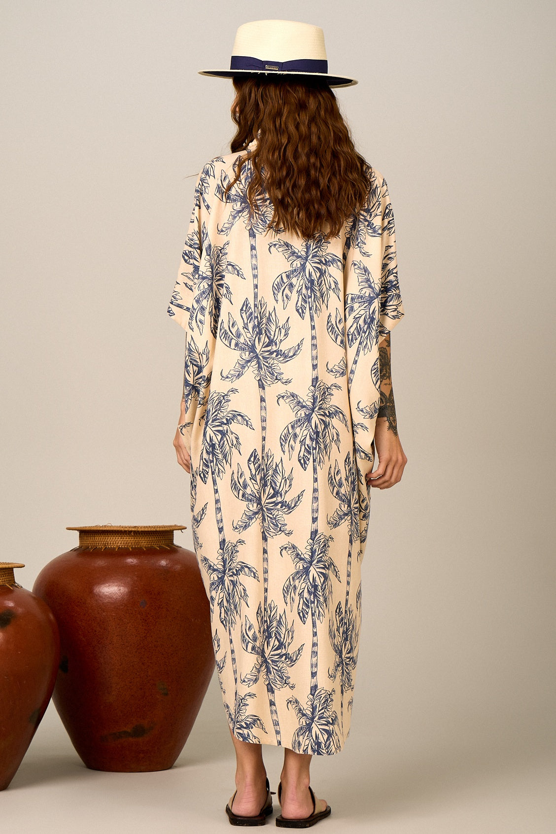 Beige Long Shirt Yacamim N10 Palm Tree Print