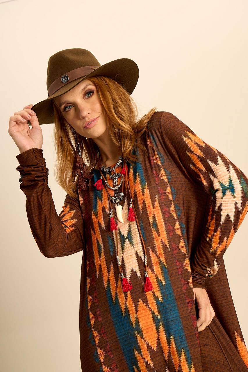 Long Brown Printed Yacamim Dress with Fitted Long Sleeves C18