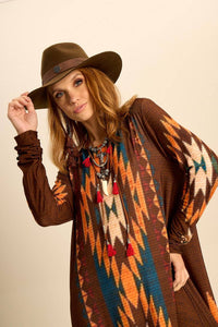 Long Brown Printed Yacamim Dress with Fitted Long Sleeves C18