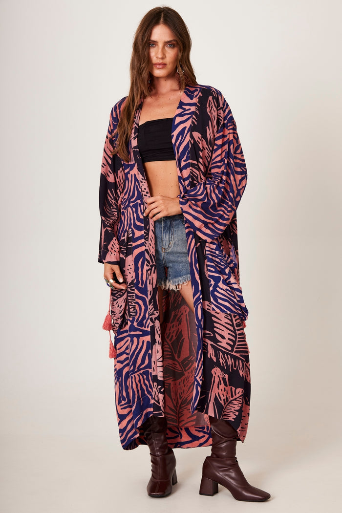 Yacamim J6 Printed Black and Pink Long Kimono