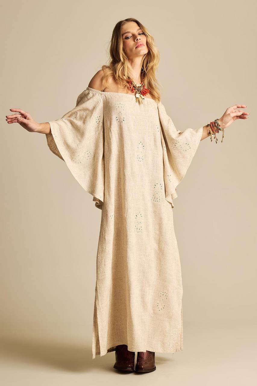 Yacamim E22 Beige Broderie Linen Off-the-Shoulder Long Dress