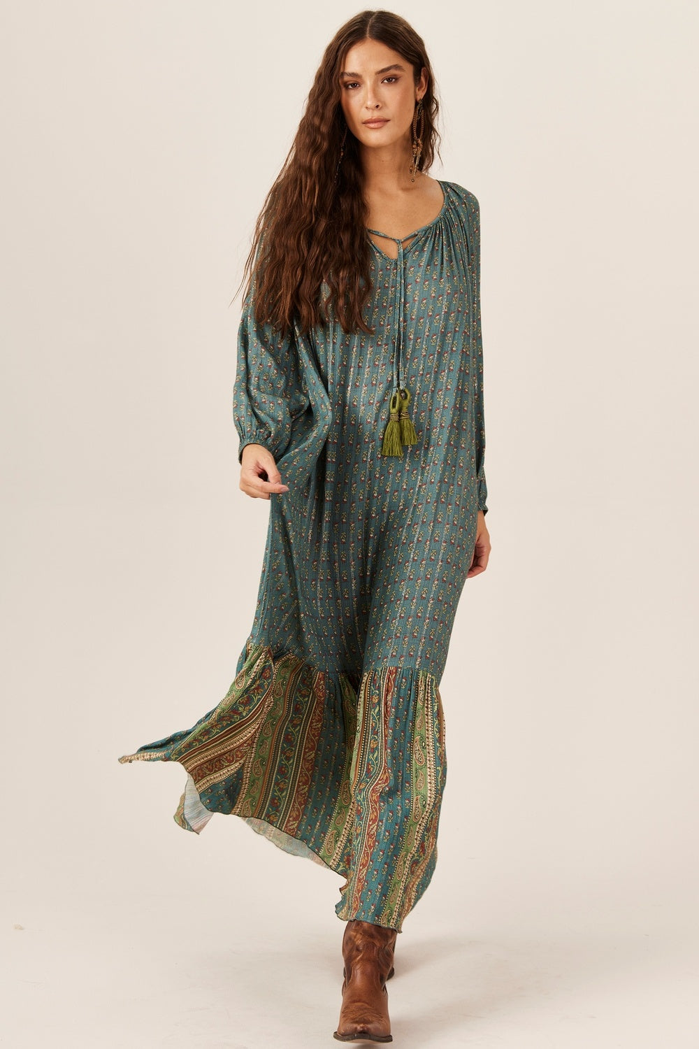 Yacamim E14 Green Patchwork Lurex Long Dress