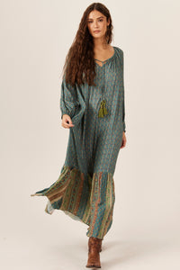 Yacamim E14 Green Patchwork Lurex Long Dress