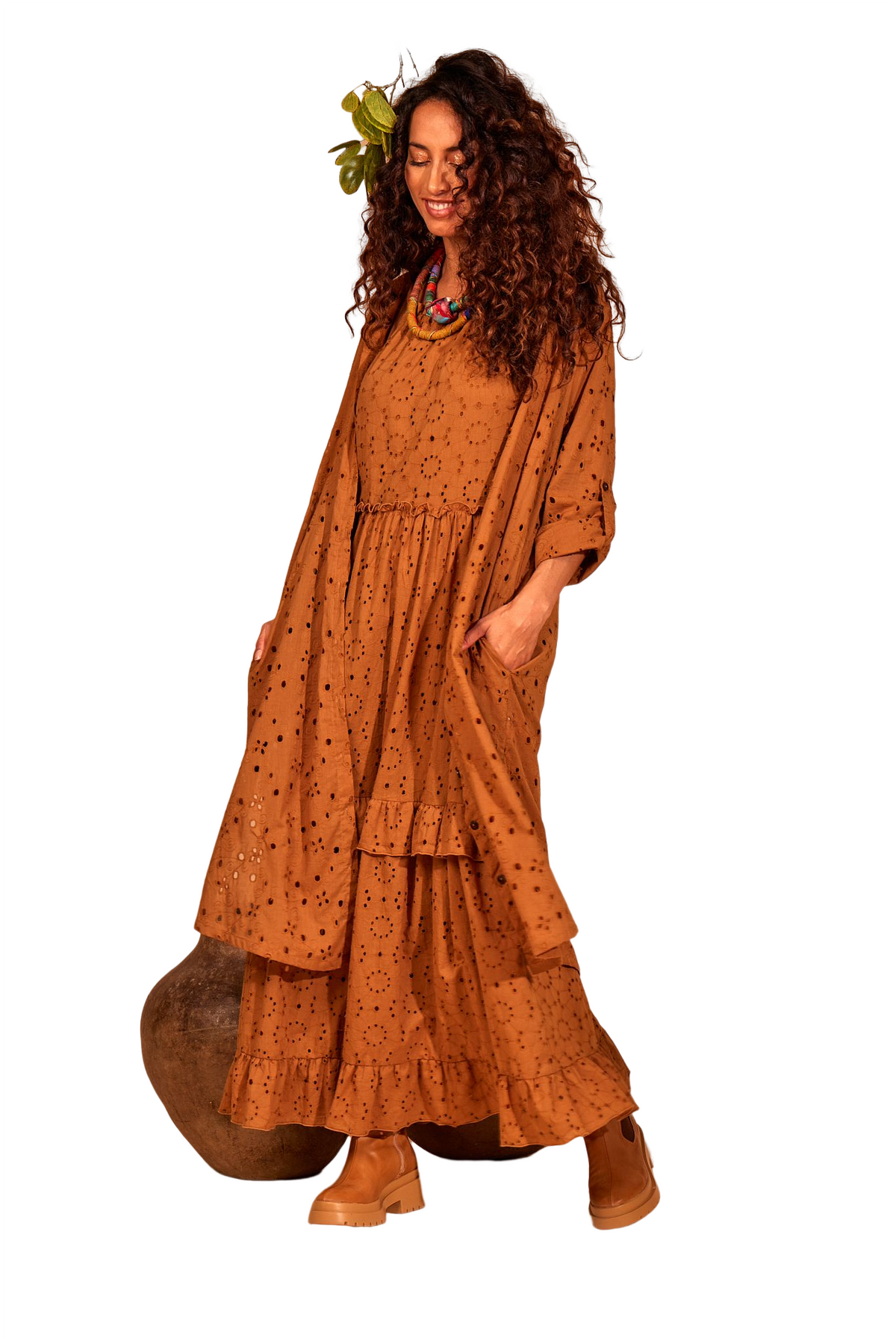 Yacamim Brown Midi Embroidery Shirt No Cuffs