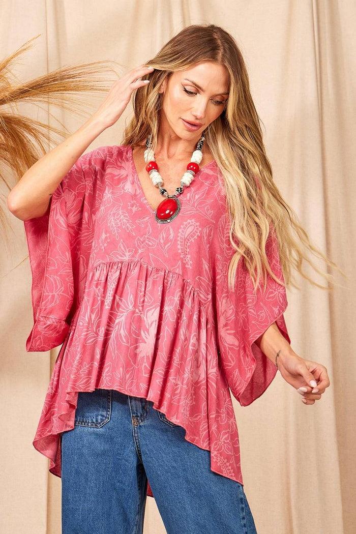 Yacamim Printed Pink V-Neck Loose Tunic