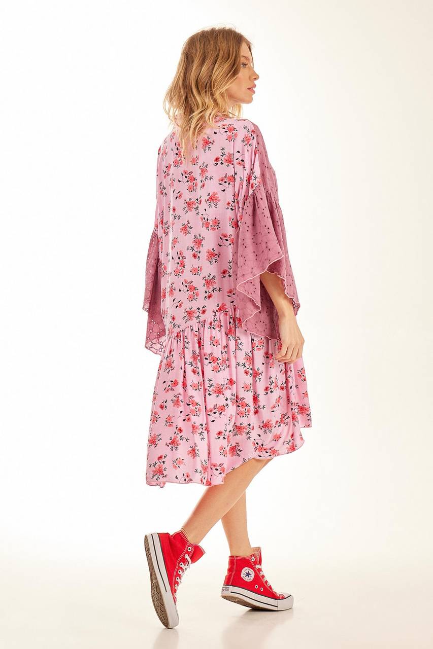 Yacamim Pink Patchwork Short Chemise Dress with Asymmetrical Ruffles