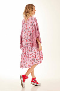 Yacamim Pink Patchwork Short Chemise Dress with Asymmetrical Ruffles