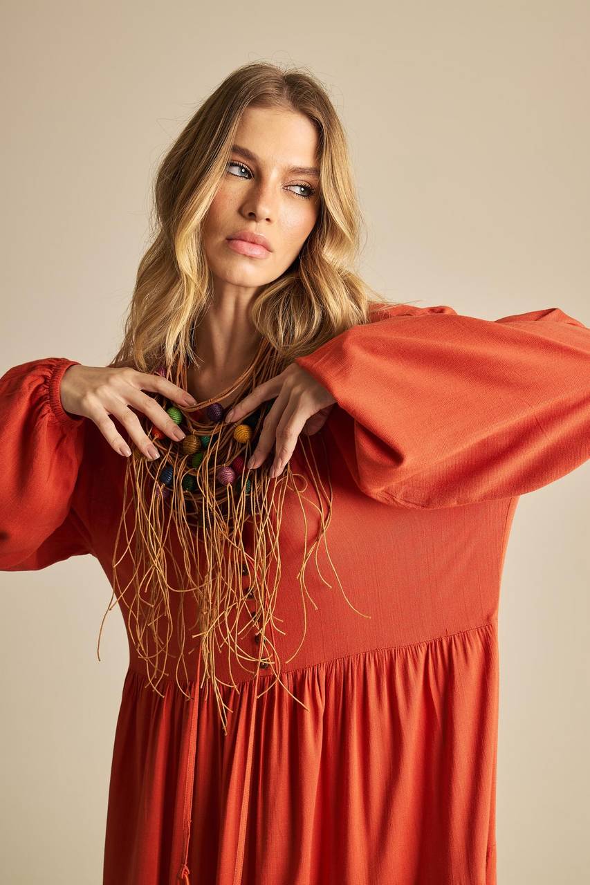 Rust Orange Three-Tiered Long Dress Yacamim D1