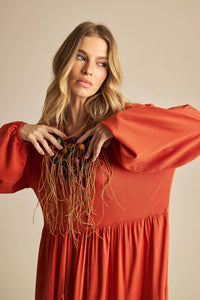 Rust Orange Three-Tiered Long Dress Yacamim D1