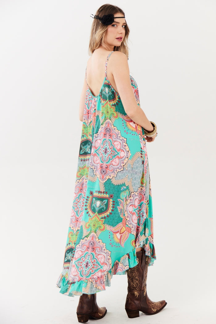 Yacamim C2 Green Printed Long Dress with Adjustable Straps