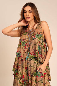 Yacamim Brown Printed Loose Basic Tank Top