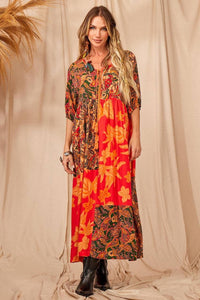Yacamim C9 Orange Patchwork Midi Dress with 3/4 Sleeves
