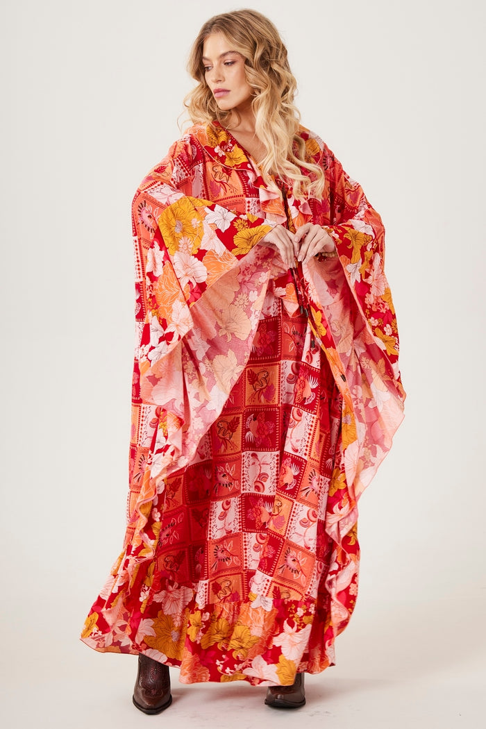 Long Orange Kaftan Geometric Patchwork Print Yacamim J8