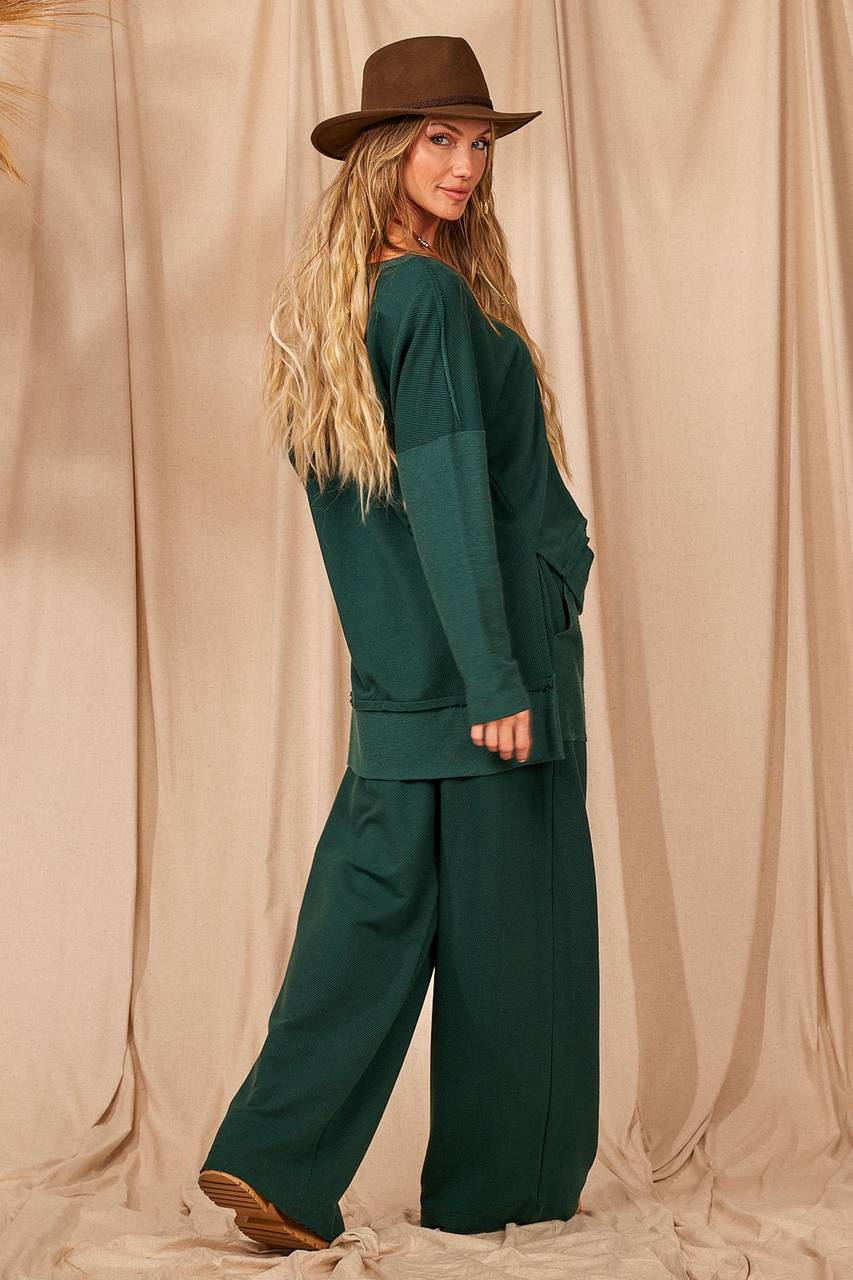 Dark Green Yacamim Sweatshirt Palazzo Pants with Pockets