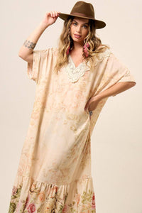 Long Printed Beige Dress with Lace Detail at the Neckline Yacamim