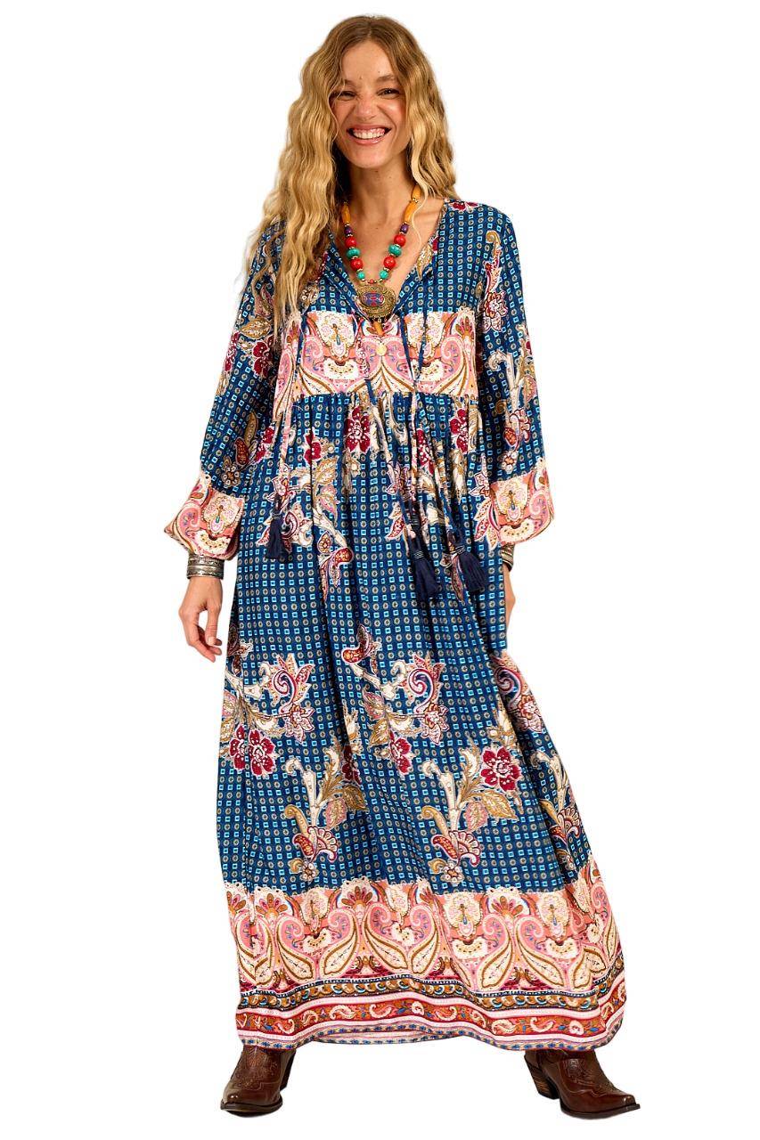 Long Blue Paisley Print Puffed Sleeve Dress Yacamim E2