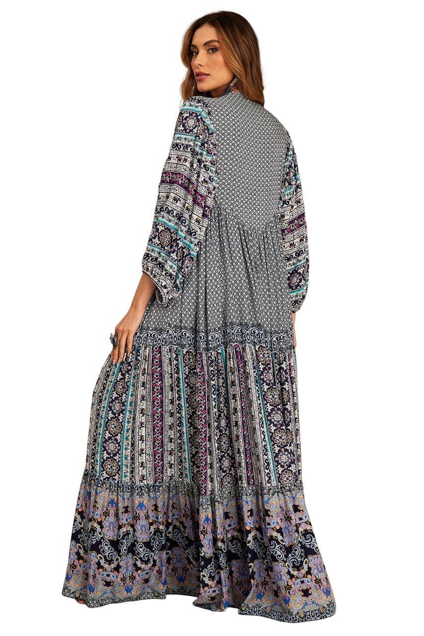Yacamim Patchwork Blue Long Chemise Dress with Puffed Long Sleeves
