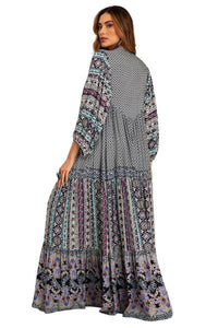 Yacamim Patchwork Blue Long Chemise Dress with Puffed Long Sleeves