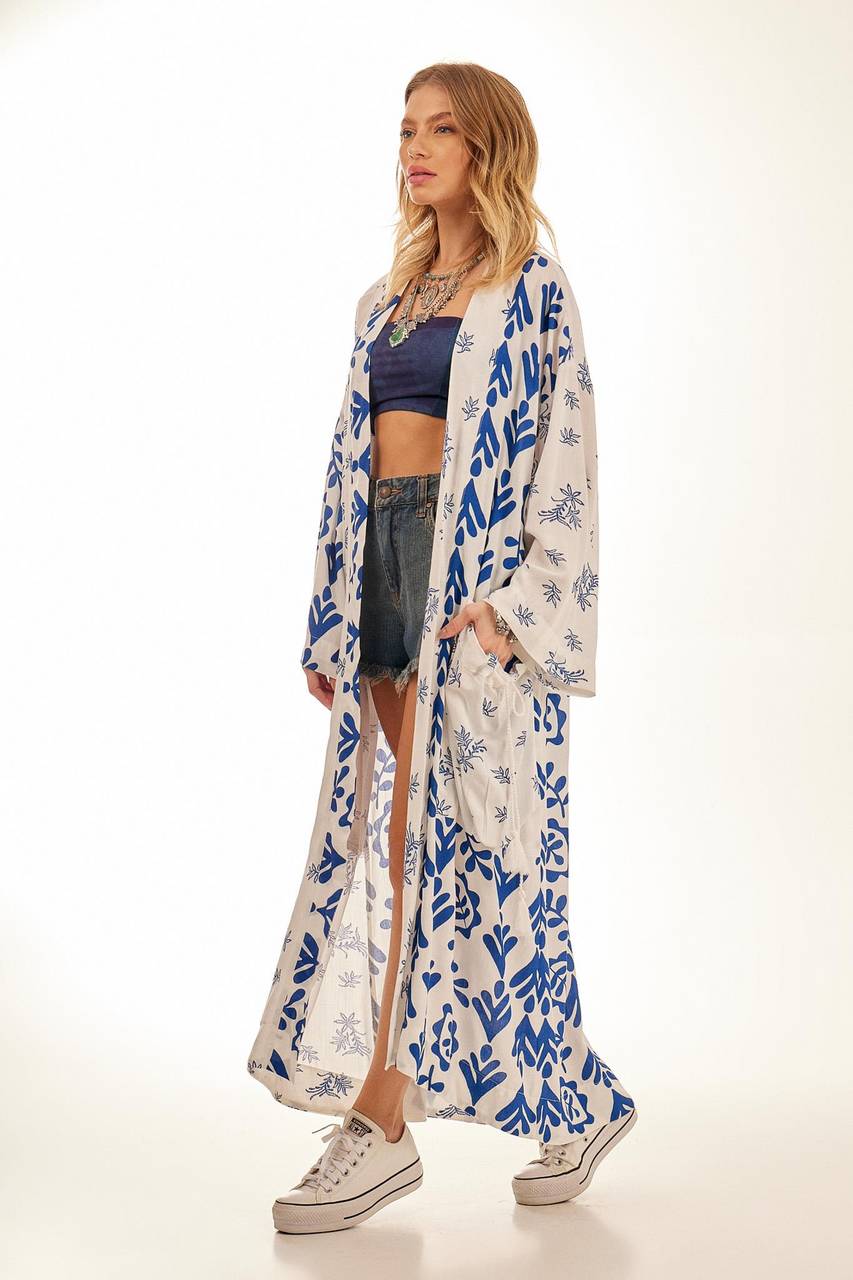 Yacamim Patchwork Printed White Long Kimono with Long Sleeves