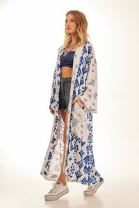 Yacamim Patchwork Printed White Long Kimono with Long Sleeves