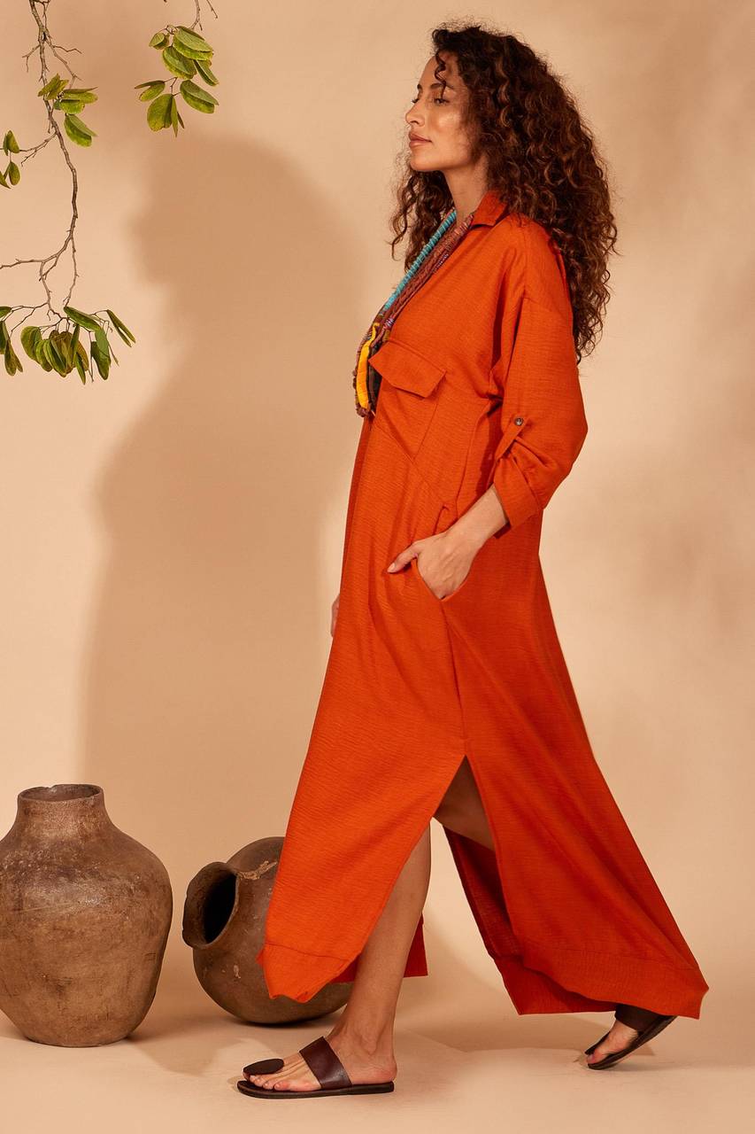 Yacamim Orange Long-Sleeve Shirt Dress
