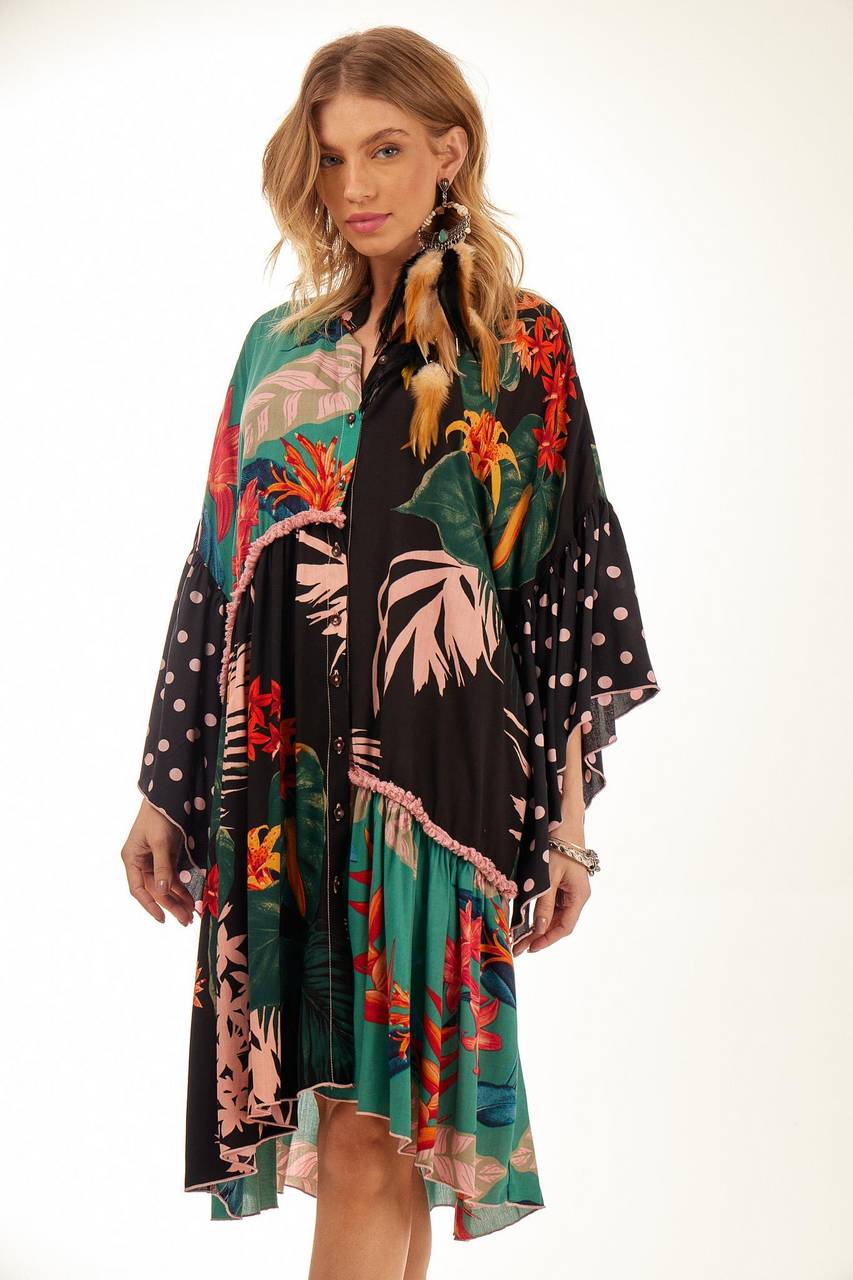 Yacamim Black Printed Patchwork Asymmetrical Ruffled Short Shirt Dress