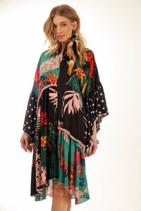 Yacamim Black Printed Patchwork Asymmetrical Ruffled Short Shirt Dress