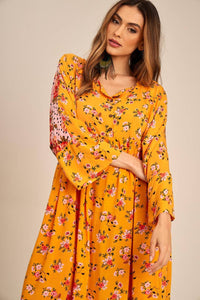 Yacamim Yellow Long Sleeve Patchwork Long Dress